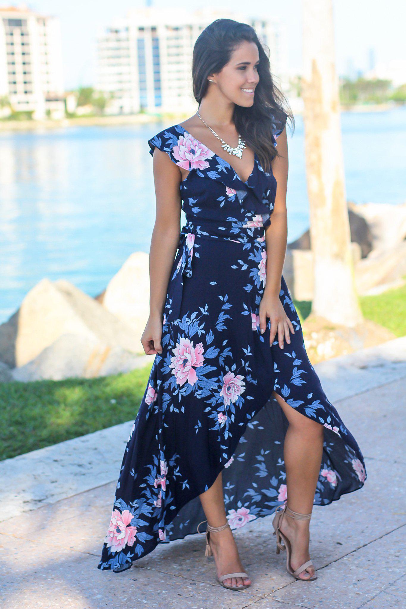 Navy Floral Wrap Dress with Ruffle ...